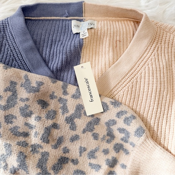 Leopard Colorblock Blue and Cream Sweater large - Picture 6 of 7
